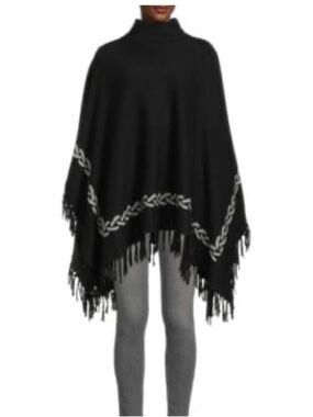 J. McLaughlin Black Fringe Poncho with Knit Braid Detail One Size